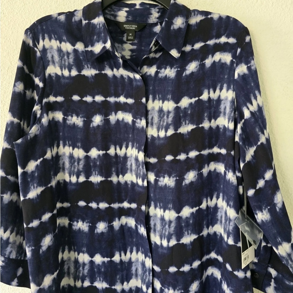 Simply Vera Tunic Women Sz M Tie Dye Button Up Flowy Tunic Asymmetrical New - Picture 10 of 12
